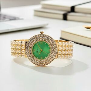 Genoa Austrian Crystal, Simulated Pearl Japanese Movement Green Dail Watch, NIB!